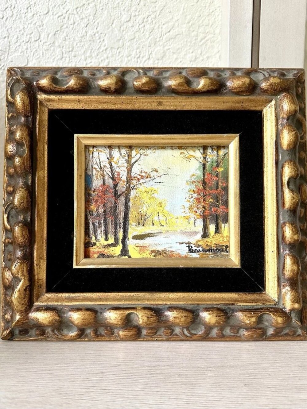 1960s Vtg Miniature Landscape Fall Oil Painting by Beaumont Taiwan Art-Framed